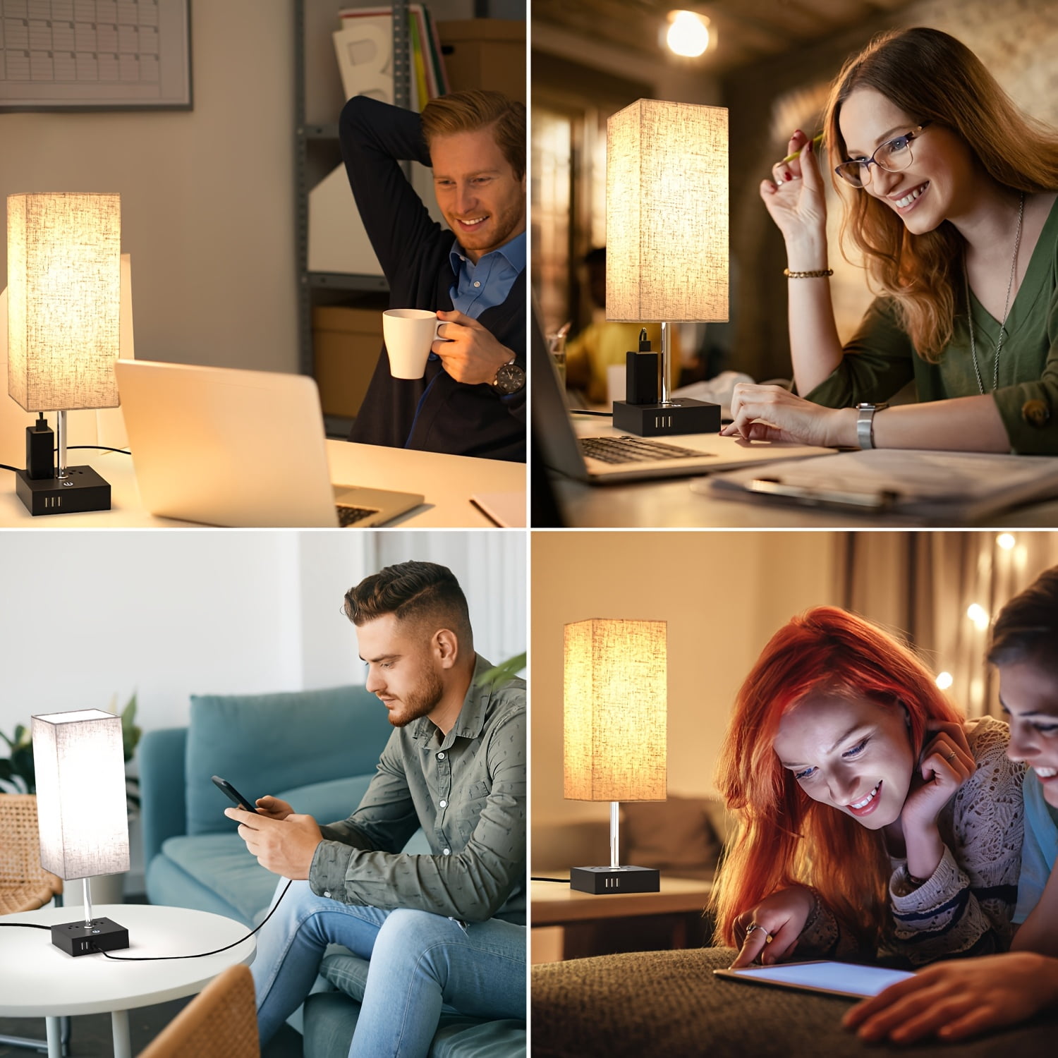 Hansang Bedside Table Lamps 2-Pack, Touch Control Nightstand Lamp with 3 USB Ports & 2 AC Outlets, Square Linen Shade, Warm White Light, E26 LED Bulb Included for Bedroom and Living Room