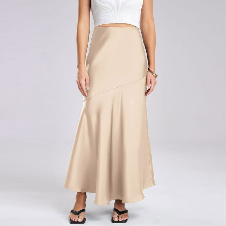 BYHONG Womens Satin Silk Maxi Skirts Drawstring Flared Casual A