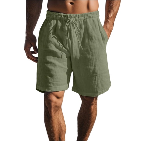 Domuza Mens Cotton Linen Shorts Knee Stretch Waist Mens Drawstring Elastic Waist Straight Leg Solid Color Breathable Daily Army Green 2XL