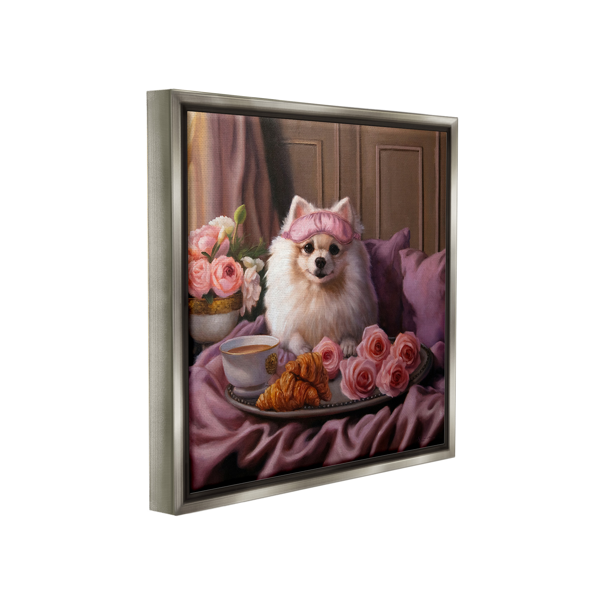 Stupell Industries Breakfast in Bed Dog Animals & Insects Painting Gray Floater Framed Canvas Art Print Wall Art, 25 x 25