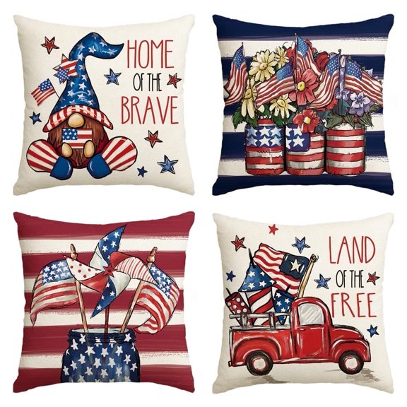 Sm:)e Watercolor Stripe Gnome Truck Floral USA Star Flag Patriotic 4th of July Throw Pillow Covers 18 x 18 Inch Set of 4