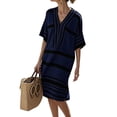 thumbnail image 2 of QUNYINEY Summer Womens Dress Striped Midi Cotton Linen Short Sleeve Shift Dress Vacation Casual Casual V Neck Loose Fit Dresses, 2 of 7