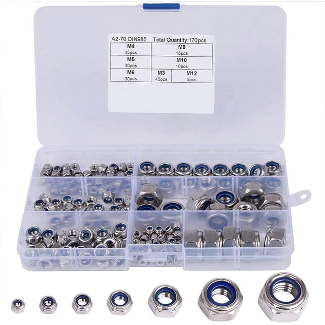 304 Stainless Steel Lock Nut Assortment 170 Pcs, M3 M4 M5 M6 M8 M10 M12 Nylon Insert Locknut