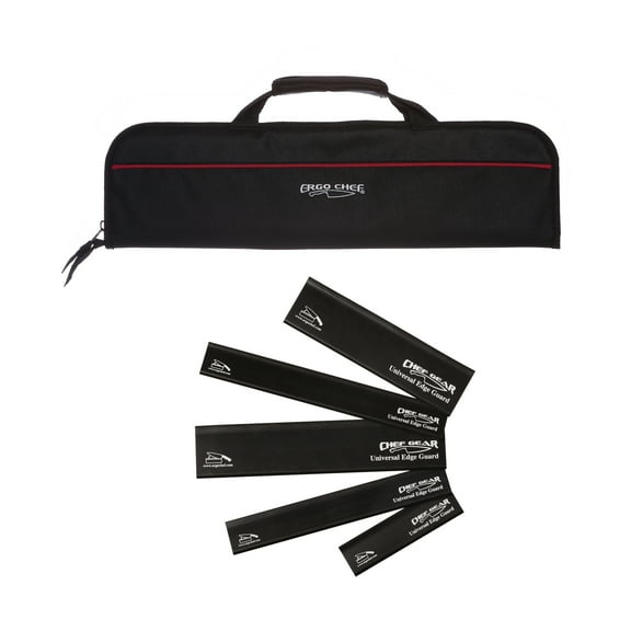 Ergo Chef Black 5 Pocket Chef Knife Bag w/ 5pc. Black Knife Edge Guard Set, Durable Nylon / Polyester Blend
