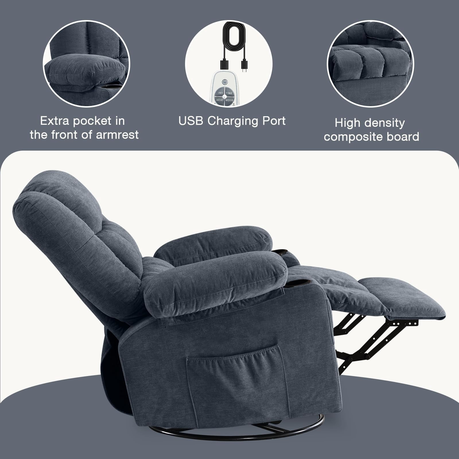 Oversized Massage Rocker Recliner Chair for Adults,Manual Vibration Massage with Heat, 8 Massage Points, 2 Cup Holders, USB Charging Port, Rocking Function, Reclines up to 150°