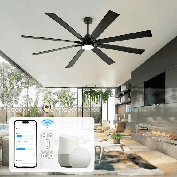 72 inch Smart Outdoor Ceiling Fans for Patios with Light, Large Industrial Alexa/Remote Conrol, 5CCT Dimmable Quiet DC Motor, 8 Blade High CFM Modern Black Indoor Outdoor Fan