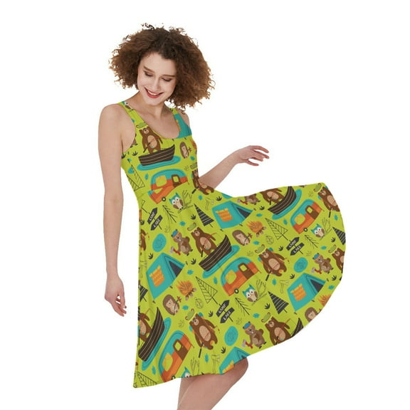 Animal Camping Pattern Print Sleeveless Knee Length Dress, Camper Camping Fashion Summer Maxi Dress For Women.