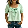 thumbnail image 2 of Women's Square Neck Bow Blouse - Puff Sleeve Casual Top with Tie Front Detail, Lightweight Summer Shirt for Date & Daily Wear Light Green L, 2 of 6