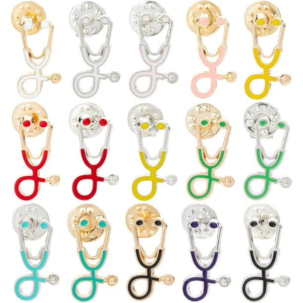 30 broches de estetoscopio (15 estilos diferentes). Broches de solapa esmaltados con forma de estetoscopio. Pines médicos esmaltados para decorar ropa y bolsos.