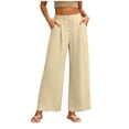 thumbnail image 2 of GERsome Women's Palazzo Pants Elastic Waist Wide Leg Summer Beach Travel Flowy Casual Lounge Trousers with Pockets, Beige,Size S, 2 of 7