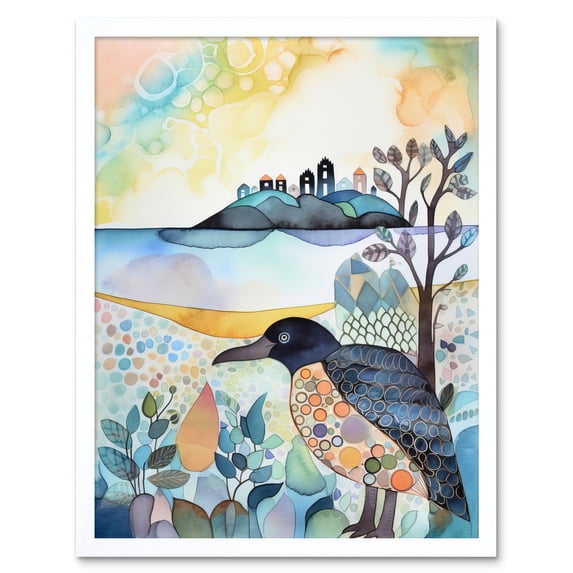 Coastal Island Wildlife Folk Art Watercolour Painting Art Print Framed Poster Wall Decor 12x16 inch