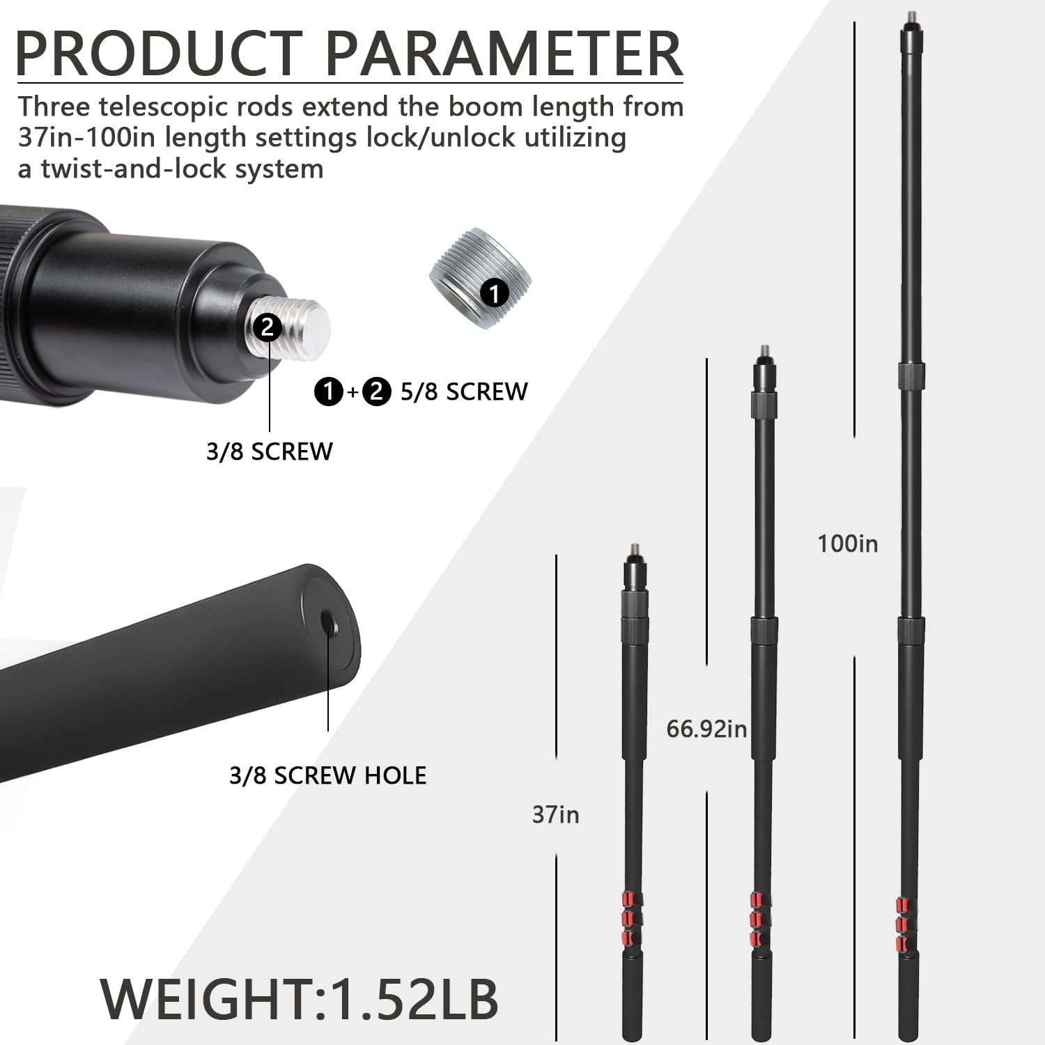 Portable Handheld Boom Pole for Shotgun Mic, 3-Section Extendable Microphone Arm for Filming with 3/8" and 5/8" Threads
