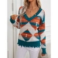 thumbnail image 4 of Woman Western Aztecs Knit Sweater Long Sleeve Vintage Geometric Pullover V Neck Distressed Cropped Sweater Royal Blue M, 4 of 10