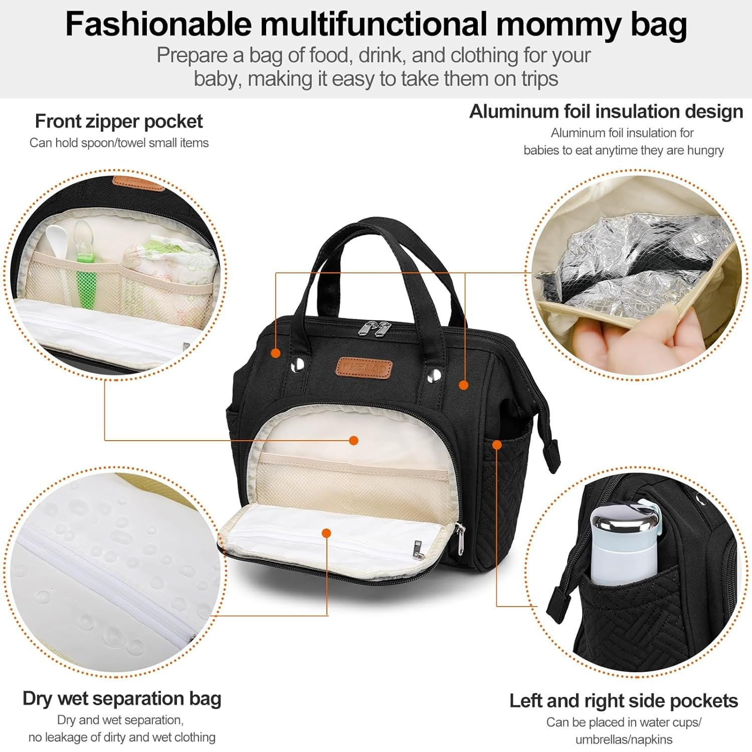 DEFAHN Small Diaper Bag, Stroller Organizer with Insulated Cup Holder & Detachable Shoulder Strap, Convertible Diaper Bag Tote for Short Trip (Black)