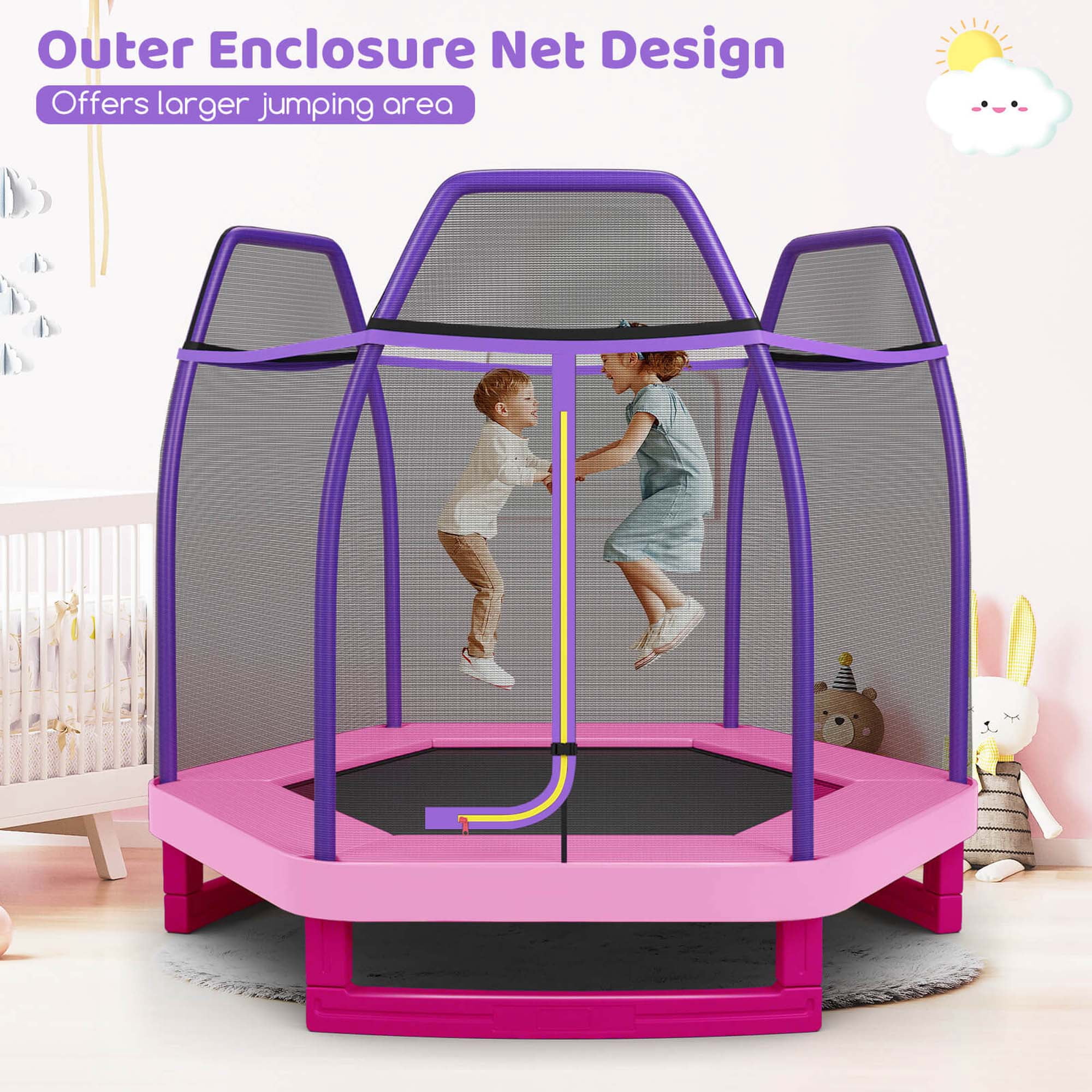 Costway 7 FT Kids Trampoline with Safety Enclosure Net Spring Pad & Jumping Mat for Kids Pink