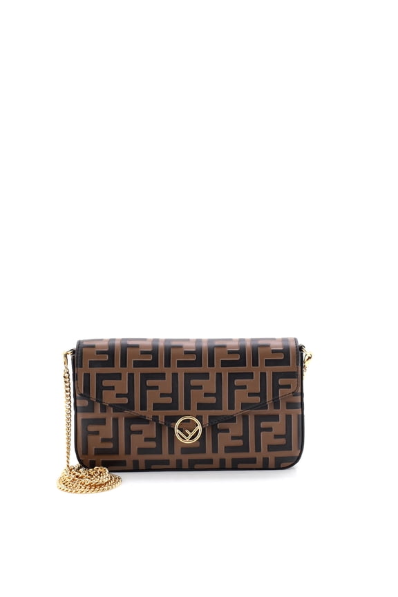 Pre-Owned F is Fendi Envelope Clutch on Chain Zucca Embossed Leather By Rebag