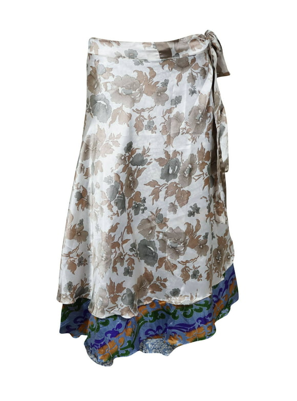 Mogul Women White,Blue Magic Wrap Skirt 2 Layer Printed Indian Vintage Sari Reversible Beach Wear Wrap Around Skirts