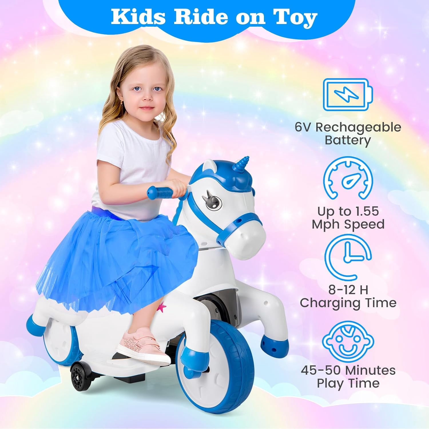 OLAKIDS 2 in 1 Ride on Motorcycle and Horse, Unicorn 6V Battery Powered Ride on Toy with Up & Down Function, MP3, Power Display, Training Wheels, Kids Electric Vehicle Aged 3-6 Years