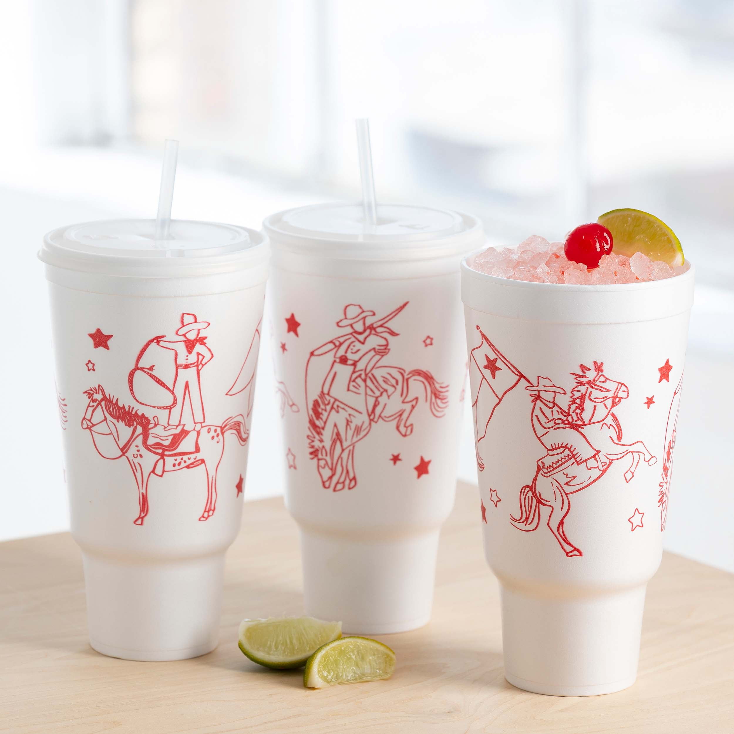 Social Butterfly Disposable Foam Cups with Lids and Straws, 44 oz, Cowboy Design, 8 Count