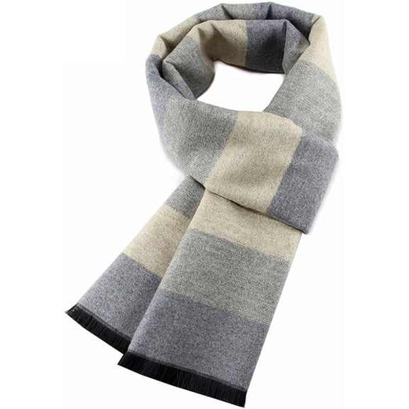 Mens Winter Warm Long Soft Scarf Plaid Tassel Scarf for Men Soft Classic Cotton Blend Scarve 70.8"x11.8" Beige horizontal stripes