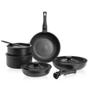12 Pcs Pots and Pans Set, White Granite Nonstick Cookware Sets Detachable Handle, Stackable Induction Kitchen Cooking Set, Stain & Scratch-resistant