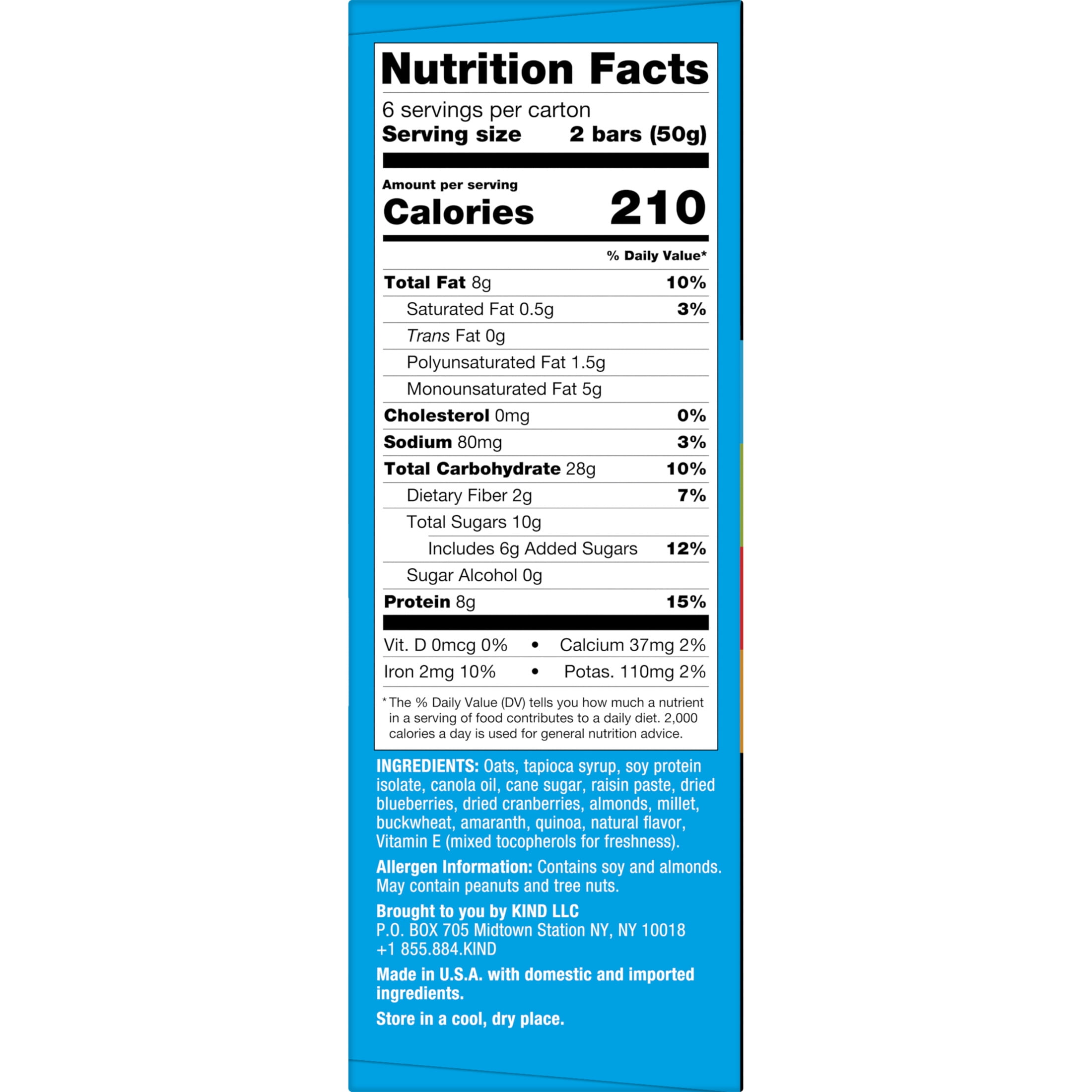 KIND Blueberry Almond Breakfast Protein Bars, 6-Count, 1 Cardboard Box