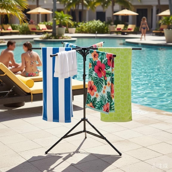 Pool Towel Rack Outdoor – Adjustable 51-71 Inch Freestanding Pool Float Storage Rack with 6 Foldable Arms, for Towels & Swim Gear
