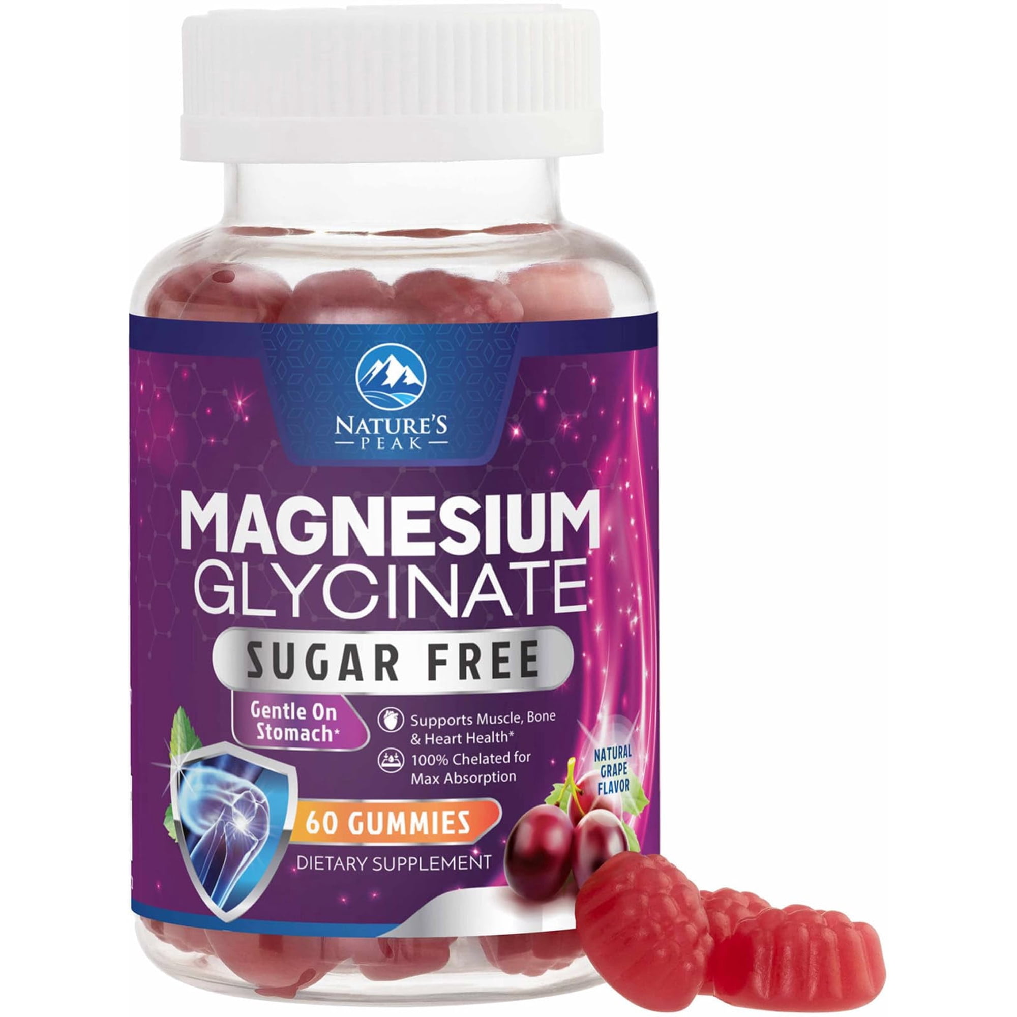 Magnesium Glycinate Gummies - Sugar Free - 100% Chelated Magnesium Gummy Supplement for Max Absorption - for Sleep Support & Heart, Muscle & Bone Health - Gentle on Stomach, Grape Flavor - 60 Gummies