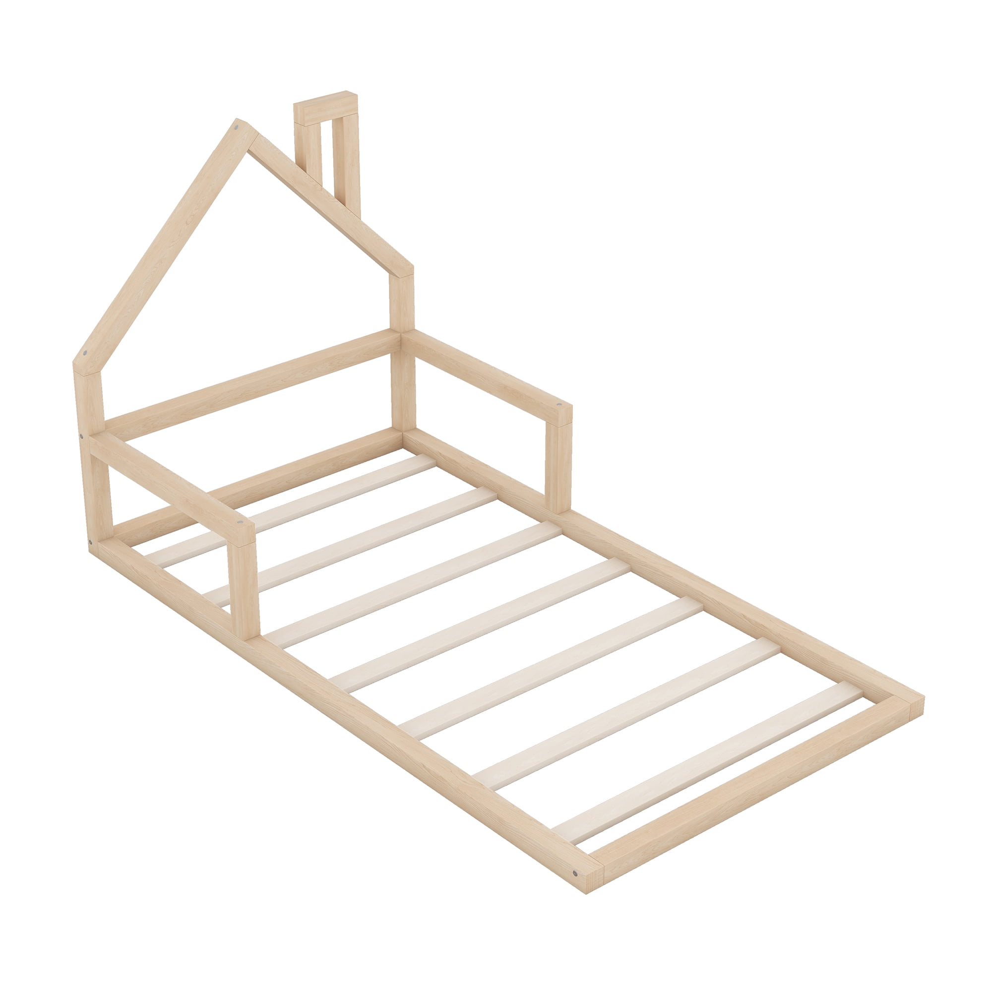 Leumius Twin Size Floor Bed with House-Shaped Headboard,Montessori Bed Low Floor Bed Frame with Slats for Boys Girls,No Box Spring Needed,Natural