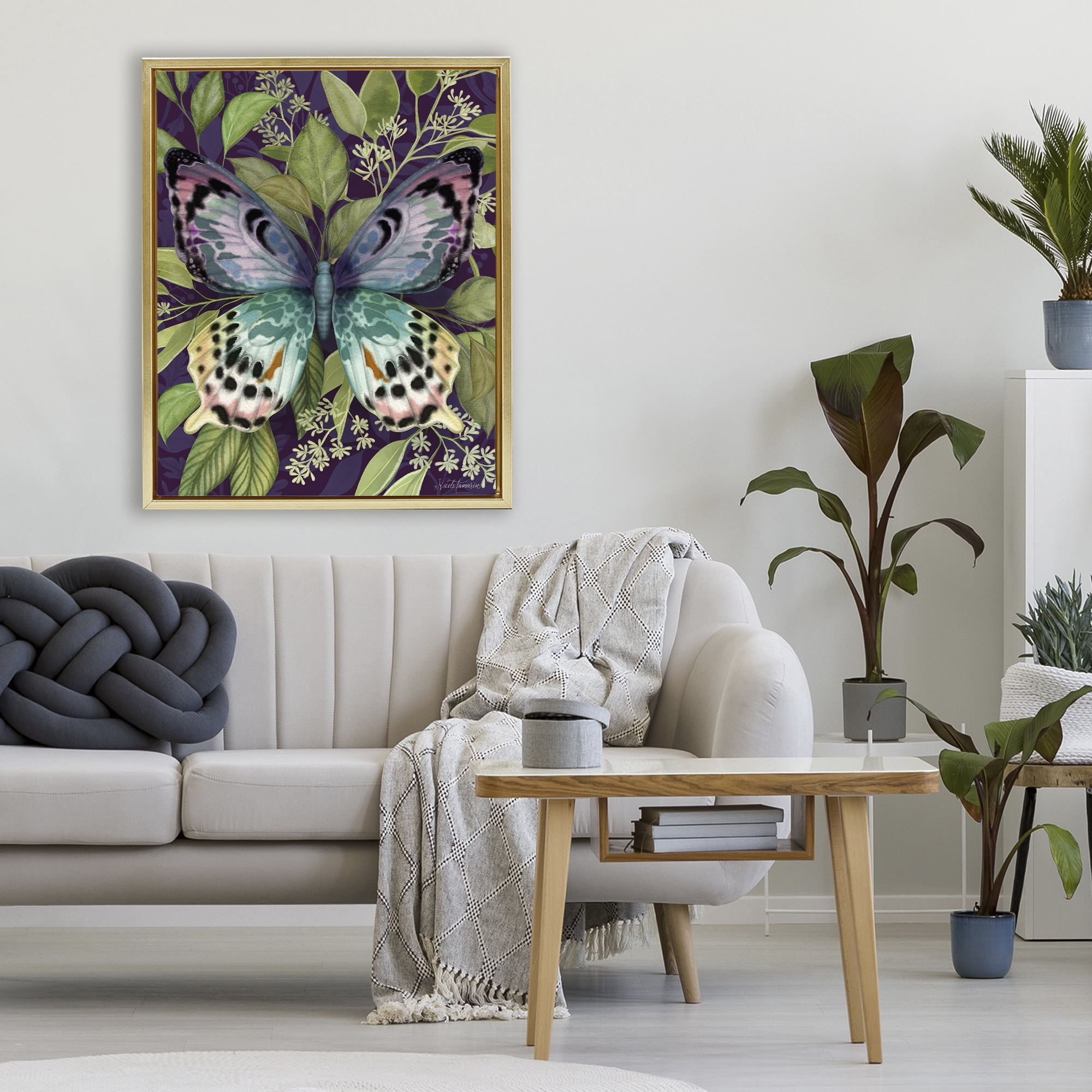 Stupell Industries Midnight Garden Butterfly Gold Framed Floater Canvas Wall Art, design by Nicole Tamarin