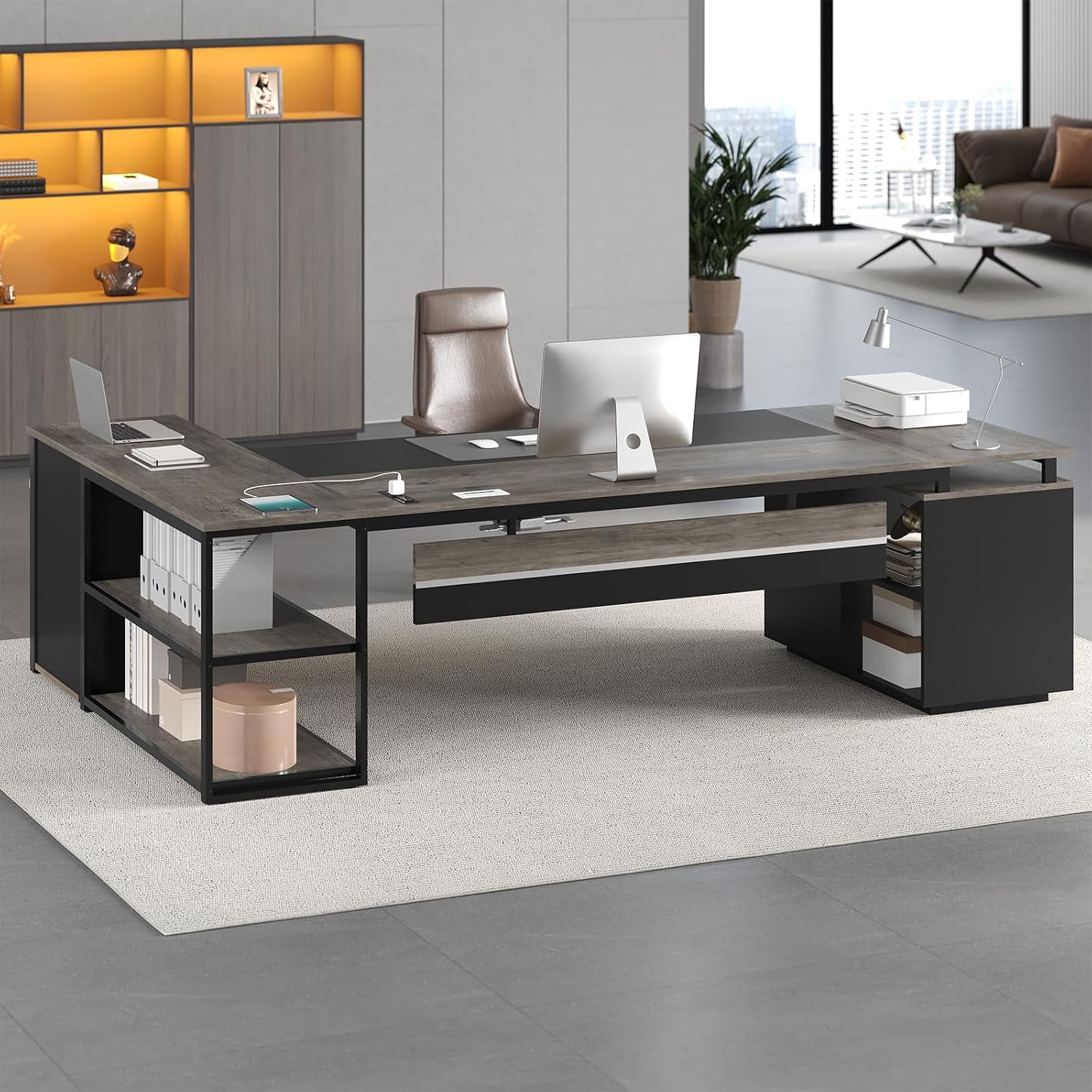 78" Executive Desk with Lockable File Cabinet, L Shaped Executive Desk with Power Outlets, Reversible Computer Desk with Drawers, Storage Shelves and Privacy Screen, Gray