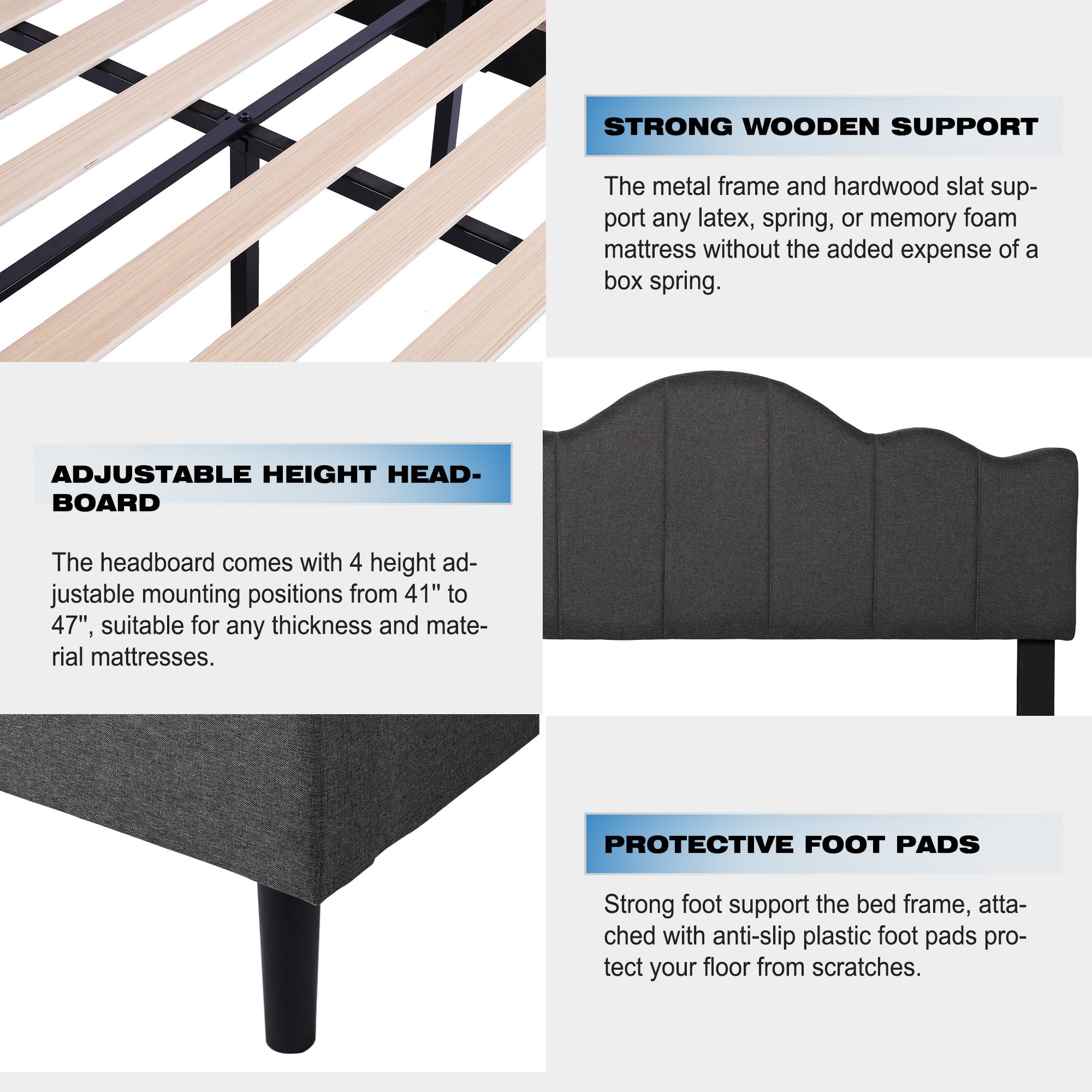 VECELO Queen Size Upholstered Platform Bed Frame with Adjustable Headboard, No Box Spring Needed, Easy Assembly, Dark Gray