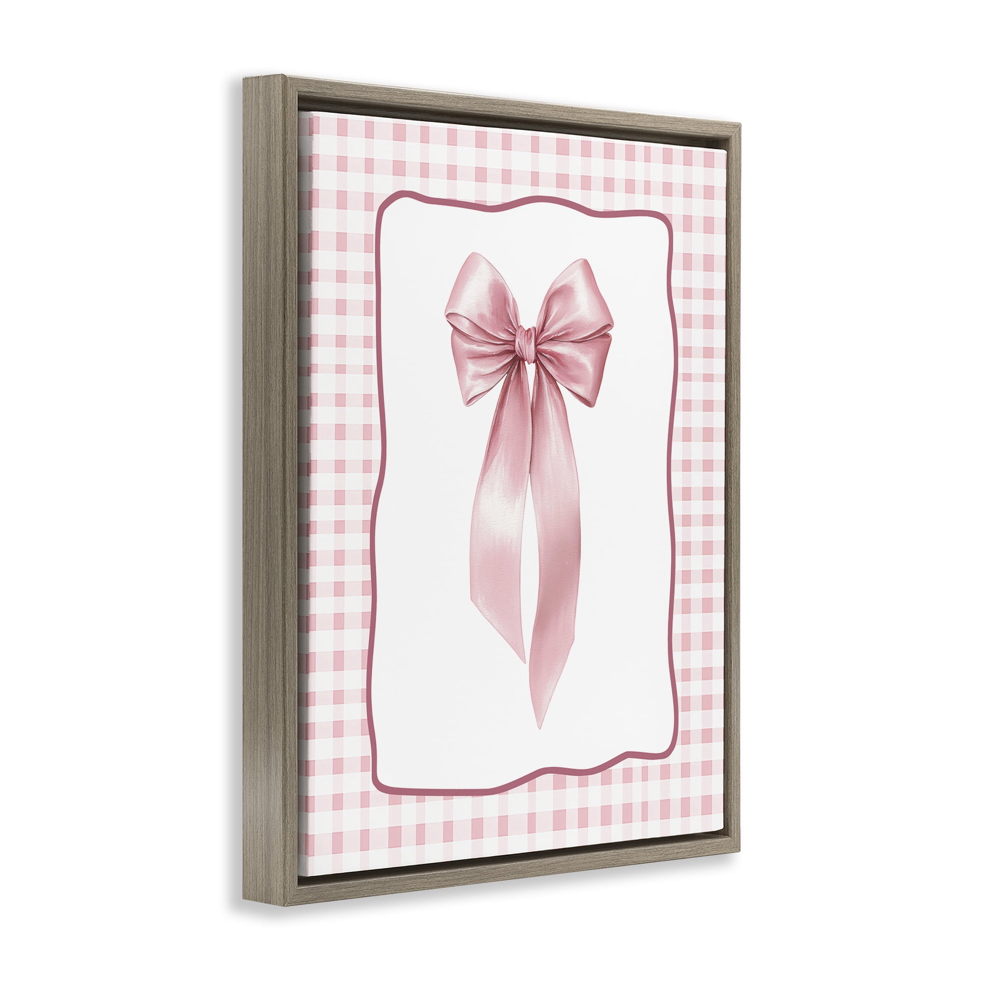 Stupell Industries Pink Gingham Ribbon Brown Framed Floater Canvas Wall Art, design by Christine Simpson Art