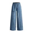 thumbnail image 4 of WJSROAC Womens Wide Leg Cropped Jeans Elastic Waisted Denim Pants Frayed Hem Vintage Drawstring Capri Pants With Large Pockets Y2K Outfits, 4 of 8