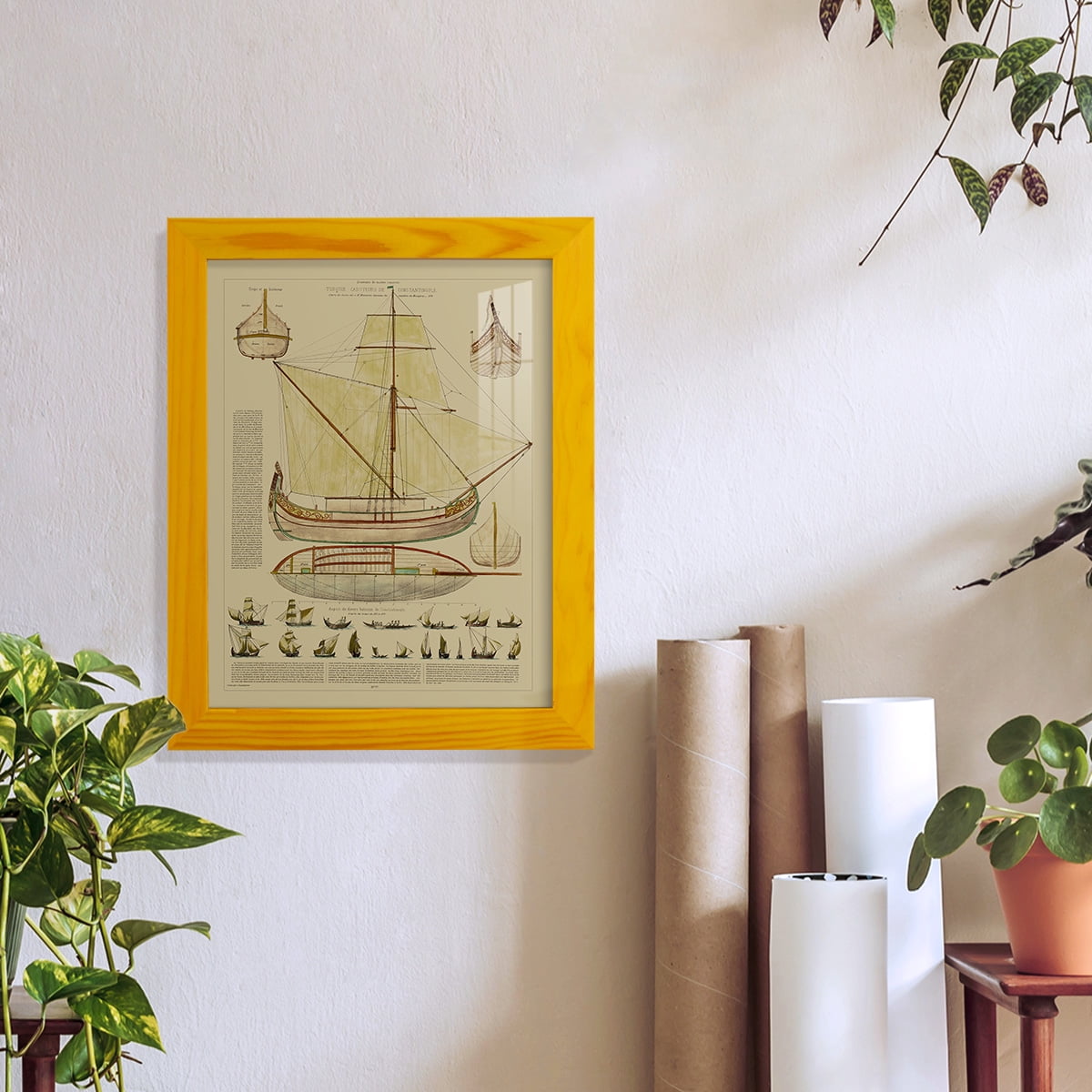 Antique Ship Plan I -Framed Print w/glass-Sunflower Yellow