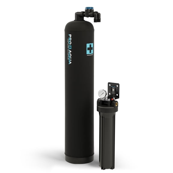 PRO AQUA Whole House 10 GPM Salt-Free Water Softener Bundle with Single-Stage Carbon Infused Pre-Treatment Filter System | Removes Sediment, Chemicals, Chlorine, Contaminants, & Odor (10 GPM)