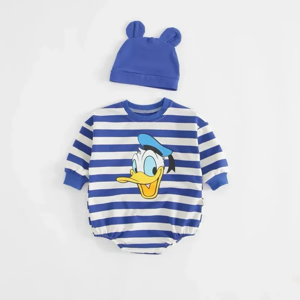Mono a rayas y gorro de punto para recién nacido, monos de manga larga con estampado de dibujos animados, pantalones triangulares a la moda, novedad