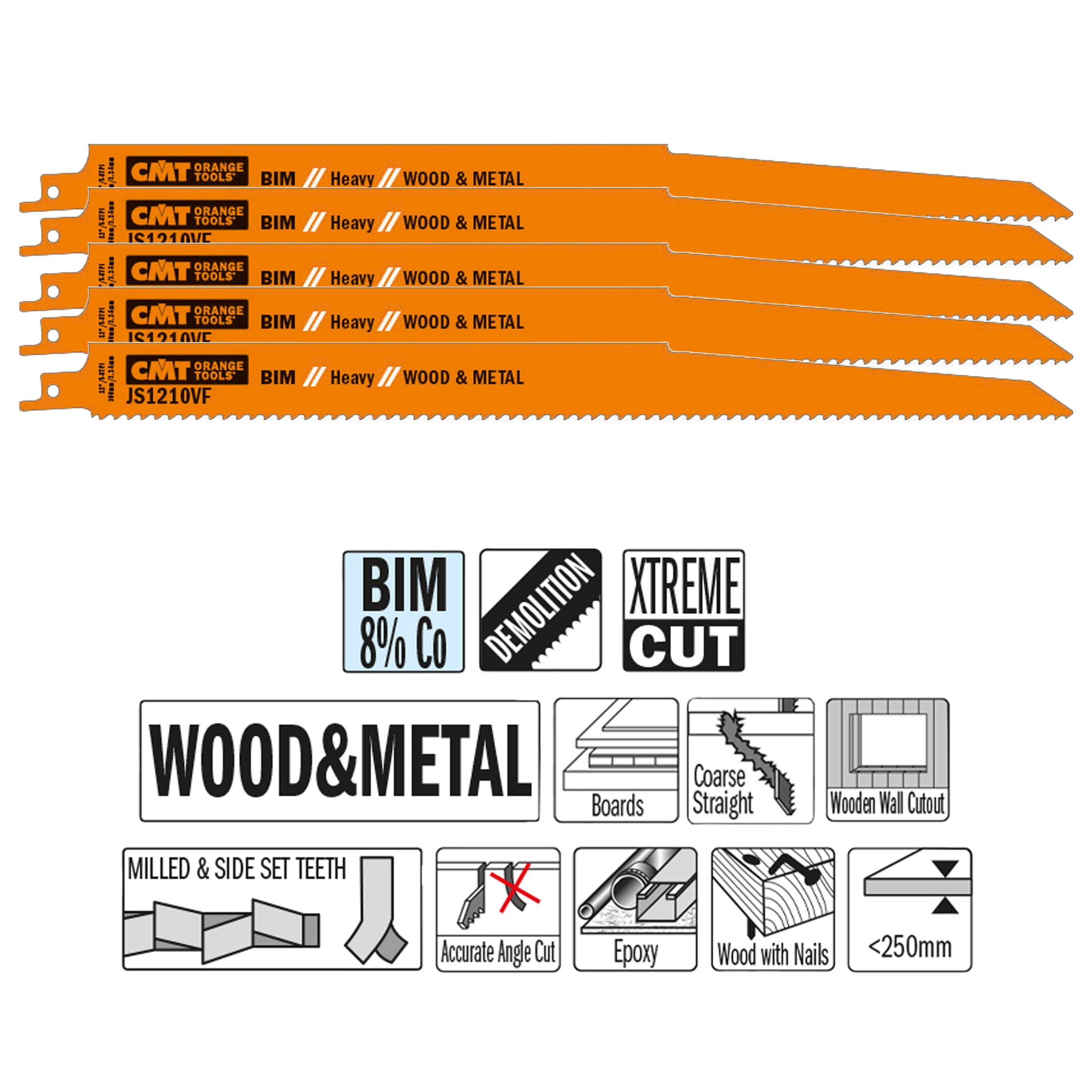 CMT JS1210VF-5 5-8 TPI 5-Piece 11-Inch Bimetal Saw Blades for Reciprocating Saws