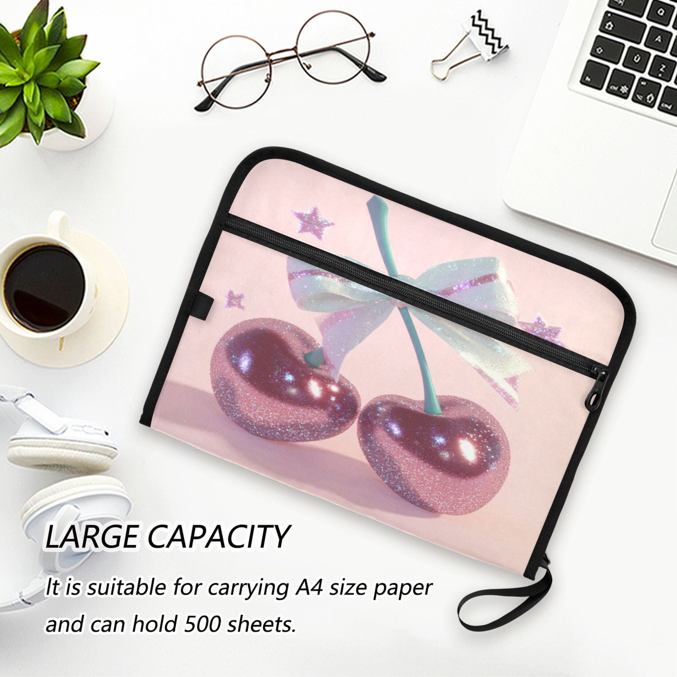 Accordion File Organizer with Zip Closure 13 Pockets Expanding File Folder Letter A4 Paper Document Organizer for Home Office Pink Large Cherries