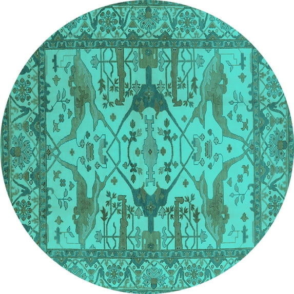 Ahgly Company Machine Washable Indoor Round Oriental Turquoise Blue Traditional Area Rugs, 3' Round