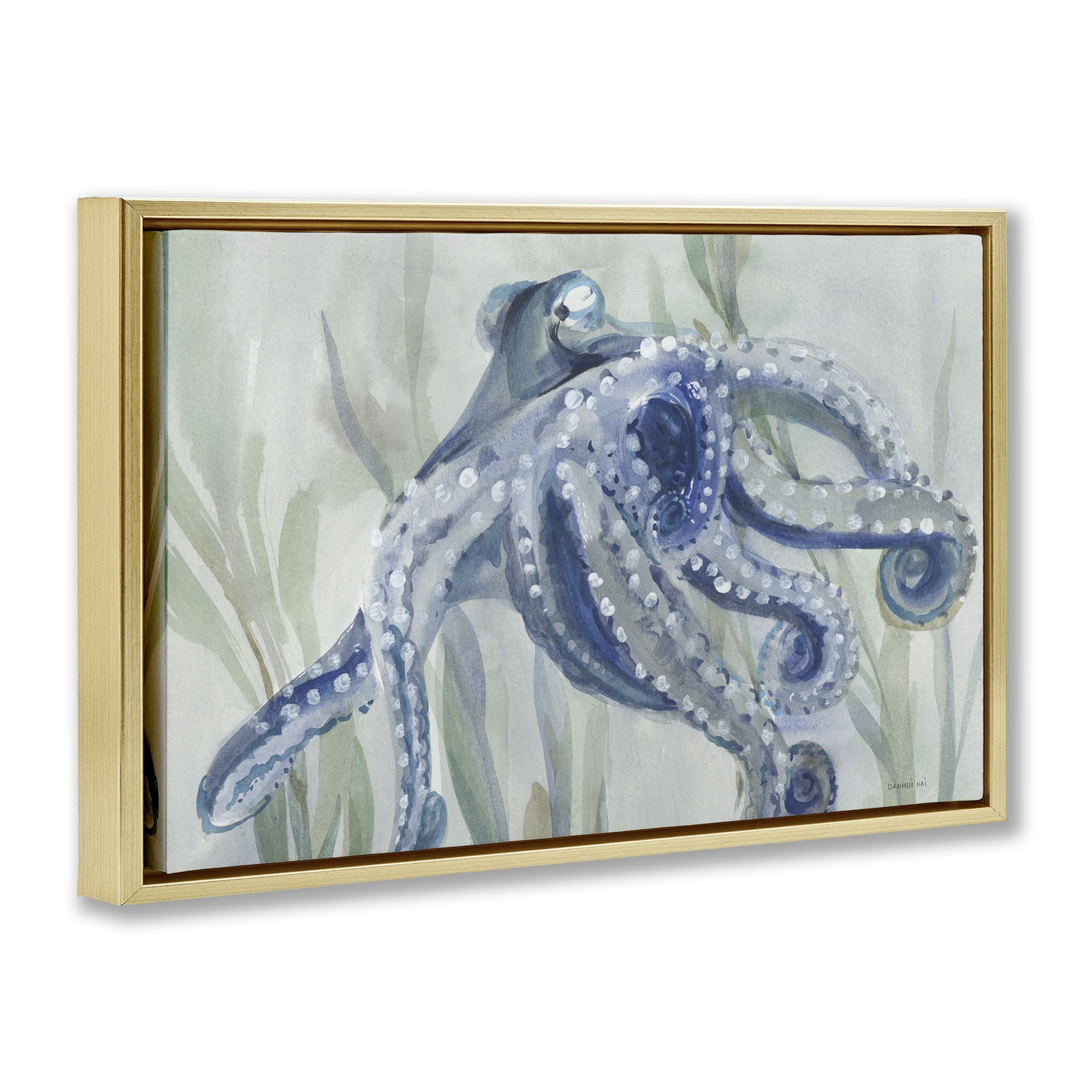 Stupell Industries Deep Dweller Octopus Animals & Insects Painting Gold Floater Framed Canvas Art Print Wall Art, 31 x 21