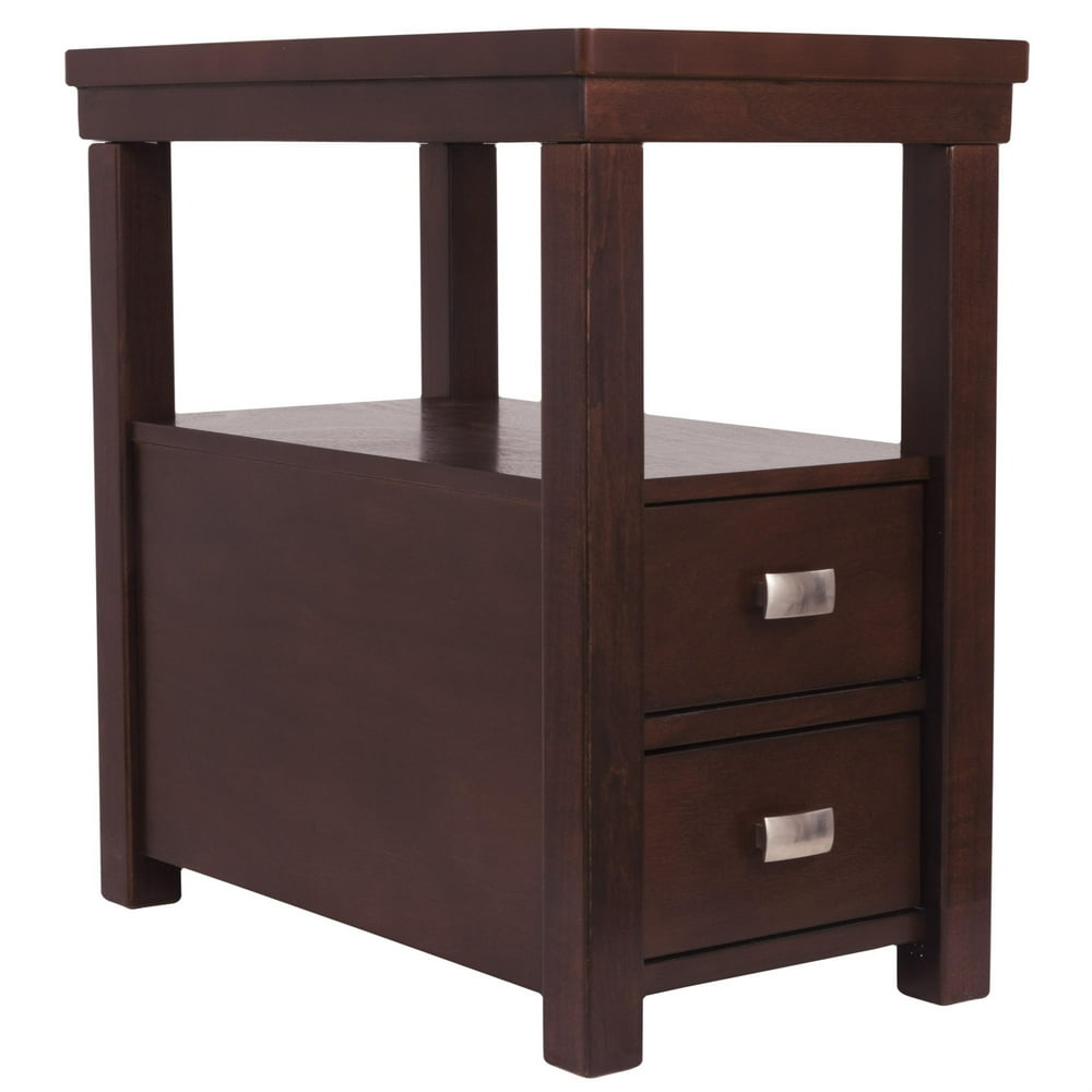 2 Drawer Chair Side End Table with Open Shelf, Dark Brown