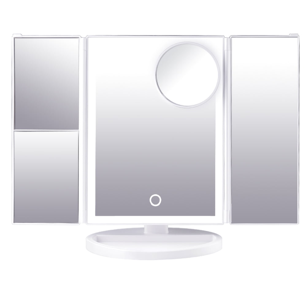 Tri Fold Lighted Vanity Makeup Mirror With 21 Led Lights Touch Screen And 3x 2x 1x Magnification Mirror Two Power Supply Mode Tabletop Makeup Mirror Travel Cosmetic Mirror Walmart Com