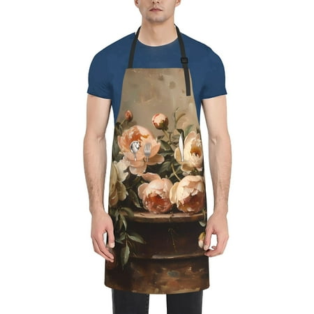 

Pofeuu Vintage Peonies Rustic Charm Print Waterproof Apron with Pockets Adjustable Cooking Aprons Kitchen Bib for Baking Household Cleaning