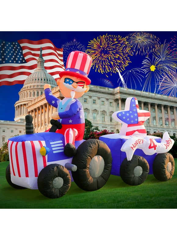 DomKom 4th of July Patriotic Inflatable 6FT Uncle Sam on Tractor Blow Up Yard Decorations with LED Lights for Holiday Party Decor Independence Day Memorial Day Gift