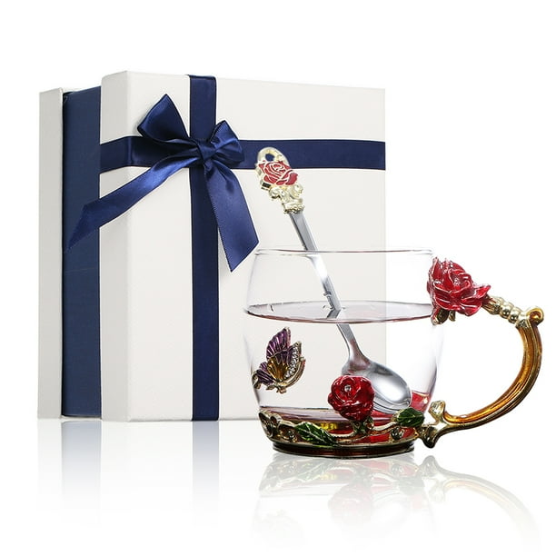 Tureclos Water Mug Glass Flower Coffee Cup Decoration Gift Milk Tea Cup With Spoon Red Rose 3ml Walmart Com Walmart Com