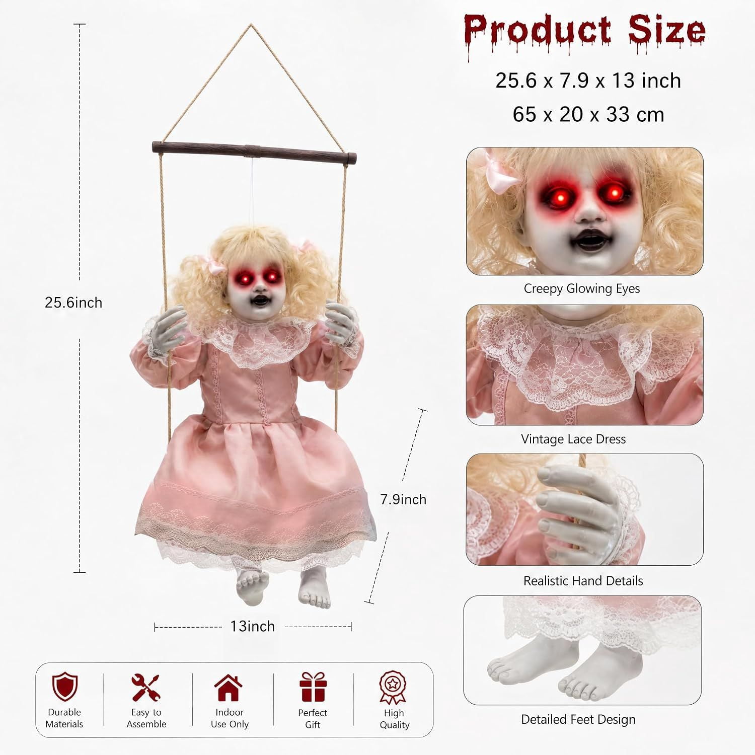 Halloween Animatronic Hanging Swinging Doll with Lighted Eyes and Creepy Sounds, Sound Activated Haunted House Prop for Indoor and Outdoor Decor