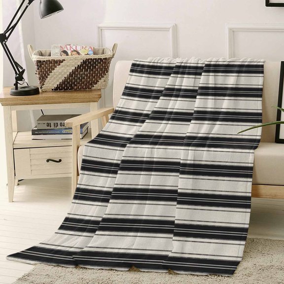 Throw Blanket Fleece Throw Blanket 50x60in, Beige Black Stripes Soft Lightweight Bed Blankets Modern Minimalist Striped Fuzzy Couch Blankets for All Season