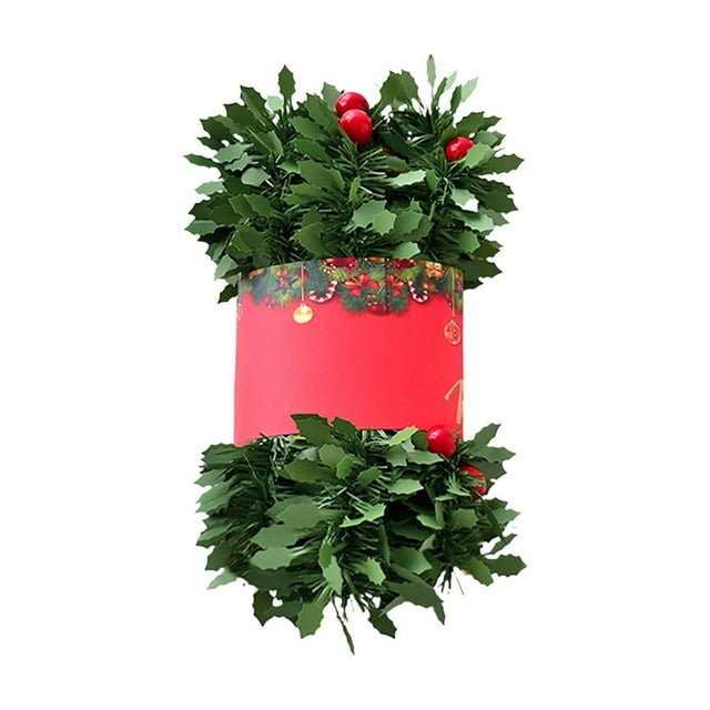 Hojas de Navidad, frutos rojos, tiras de hierba verde, decoración navideña, árbol de Navidad, tiras de colores, tiras de ratán