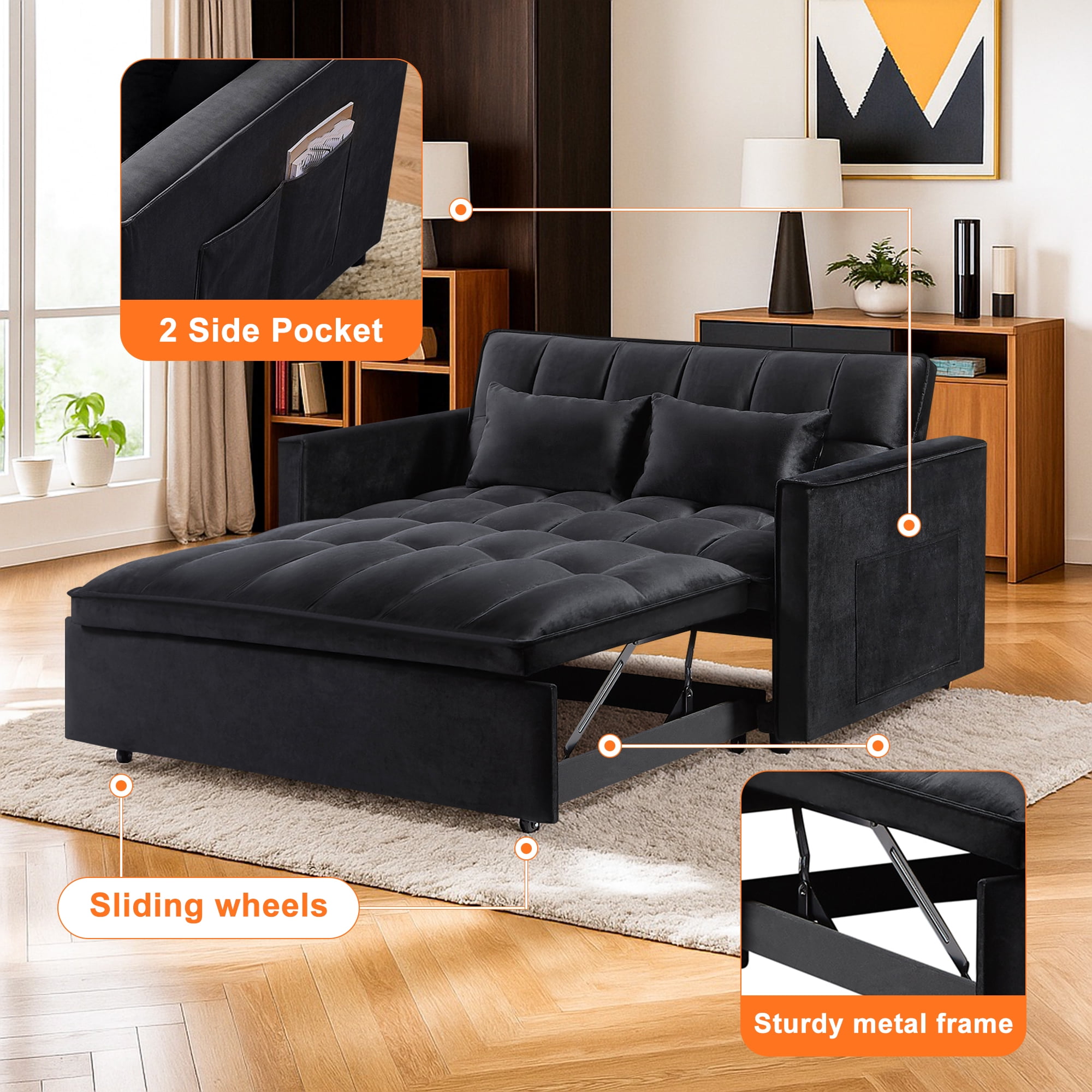 Demi Bonn 3 in 1 Convertible Sleeper Sofa Bed with Side Pocket, Adjustable Backrest Velvet Futon Couches for Living Room, Pull Out Couch, Loveseat, Black